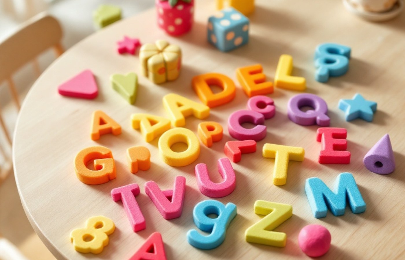 A child arranging felt letters on a table in a quiet room