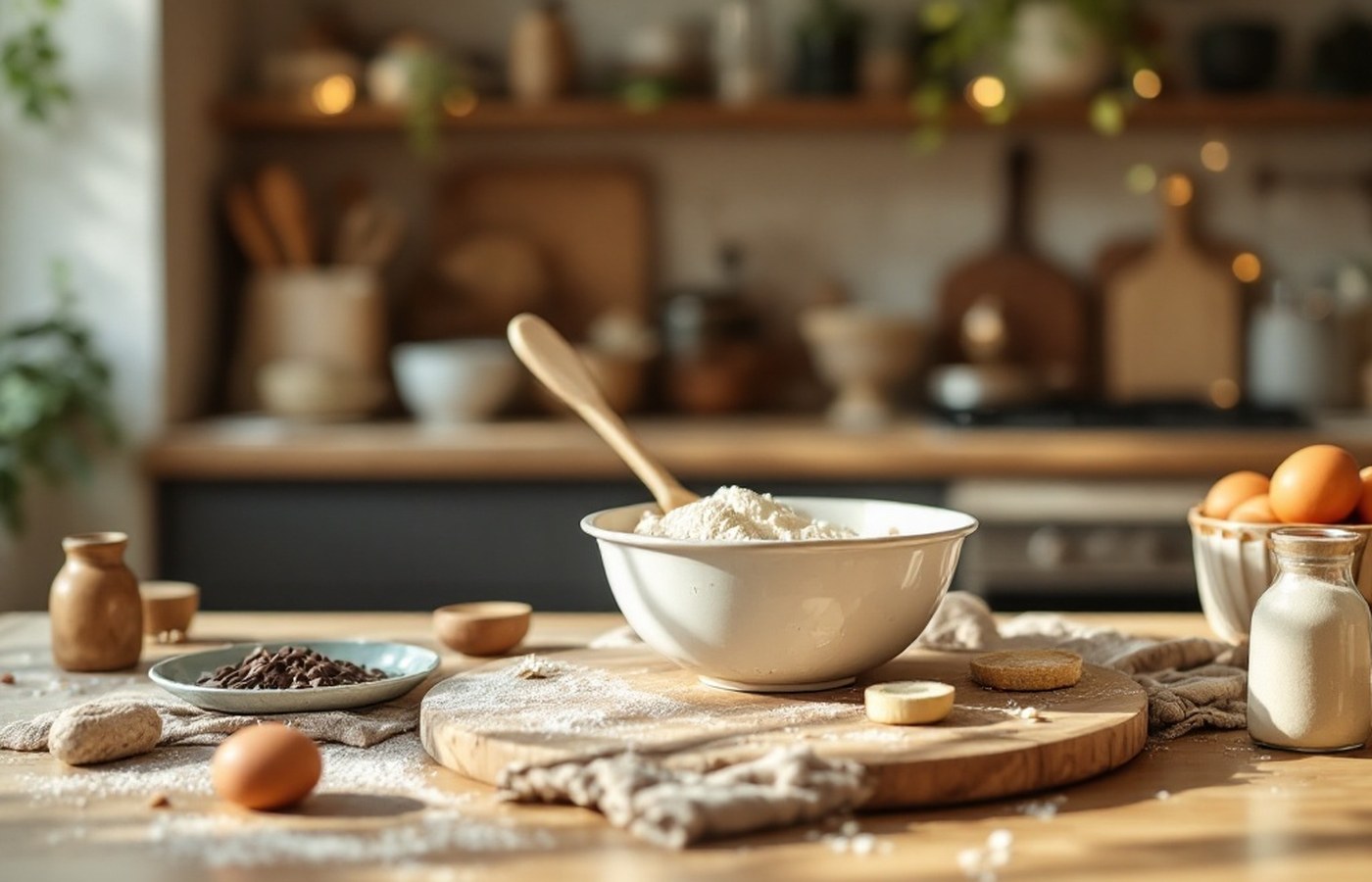 A glass of milk and probiotics on a kitchen counter