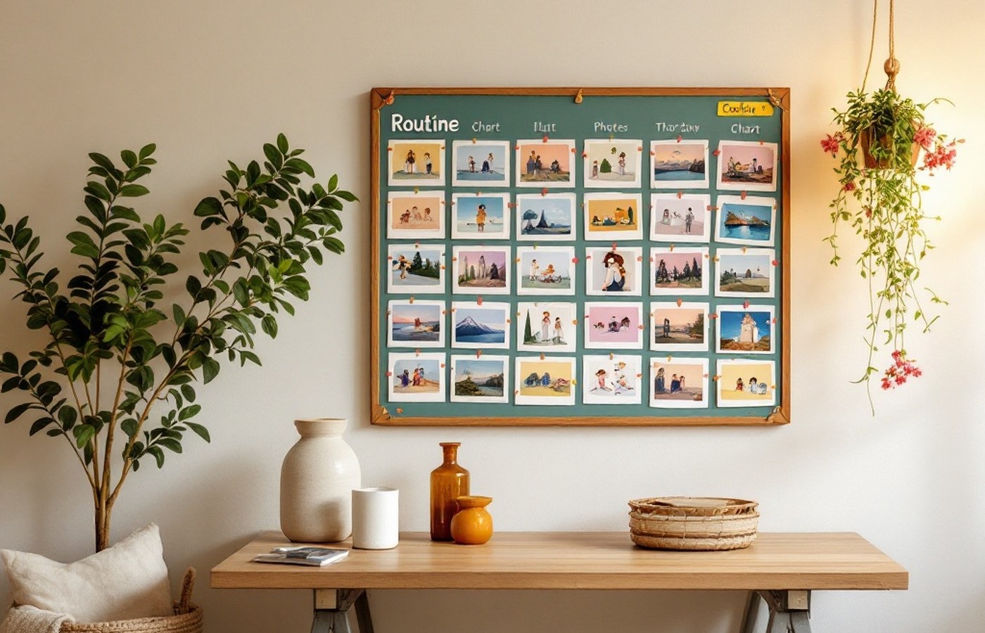 A parent and child putting up a visual routine chart together